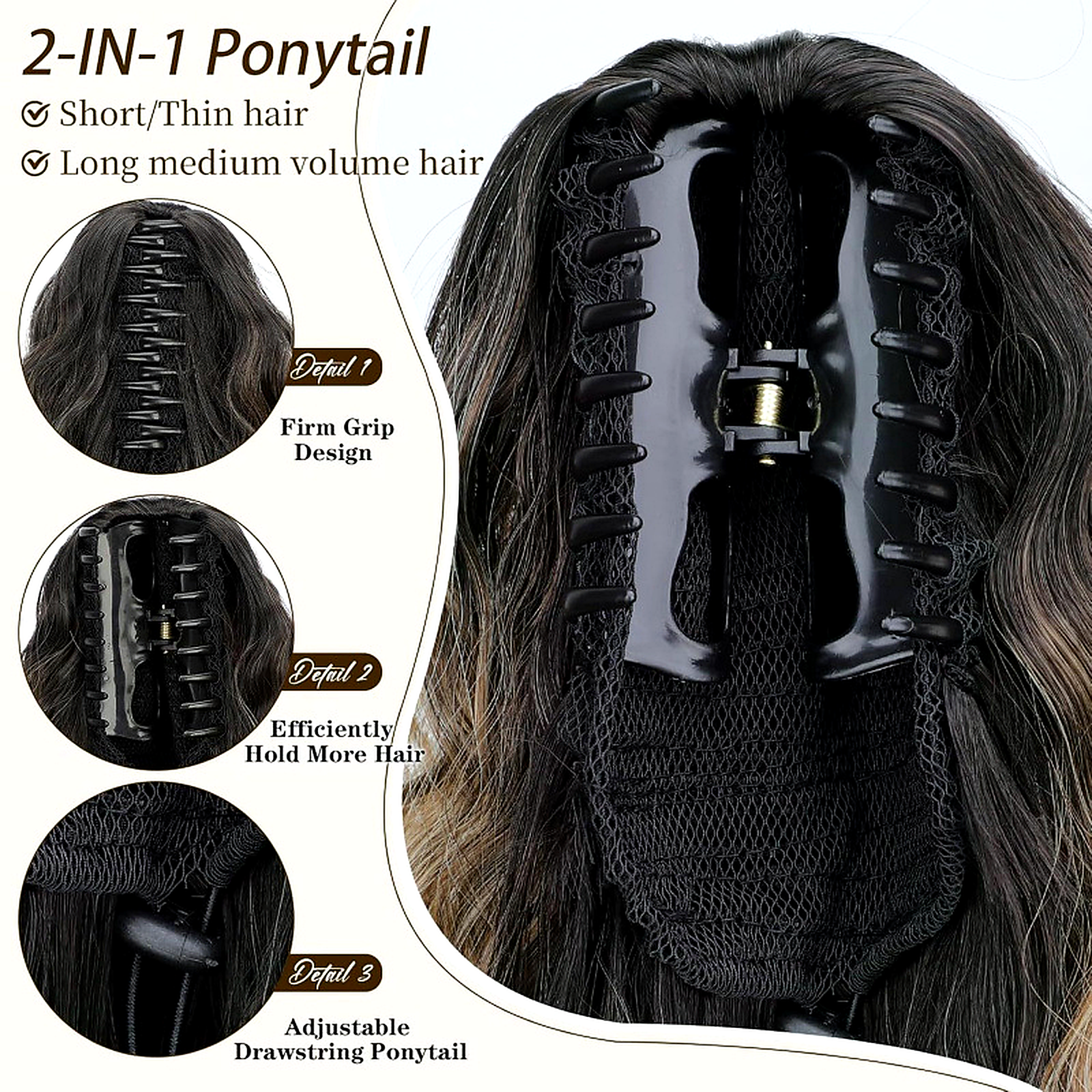 2-in-1 ponytail clip with firm grip and adjustable drawstring