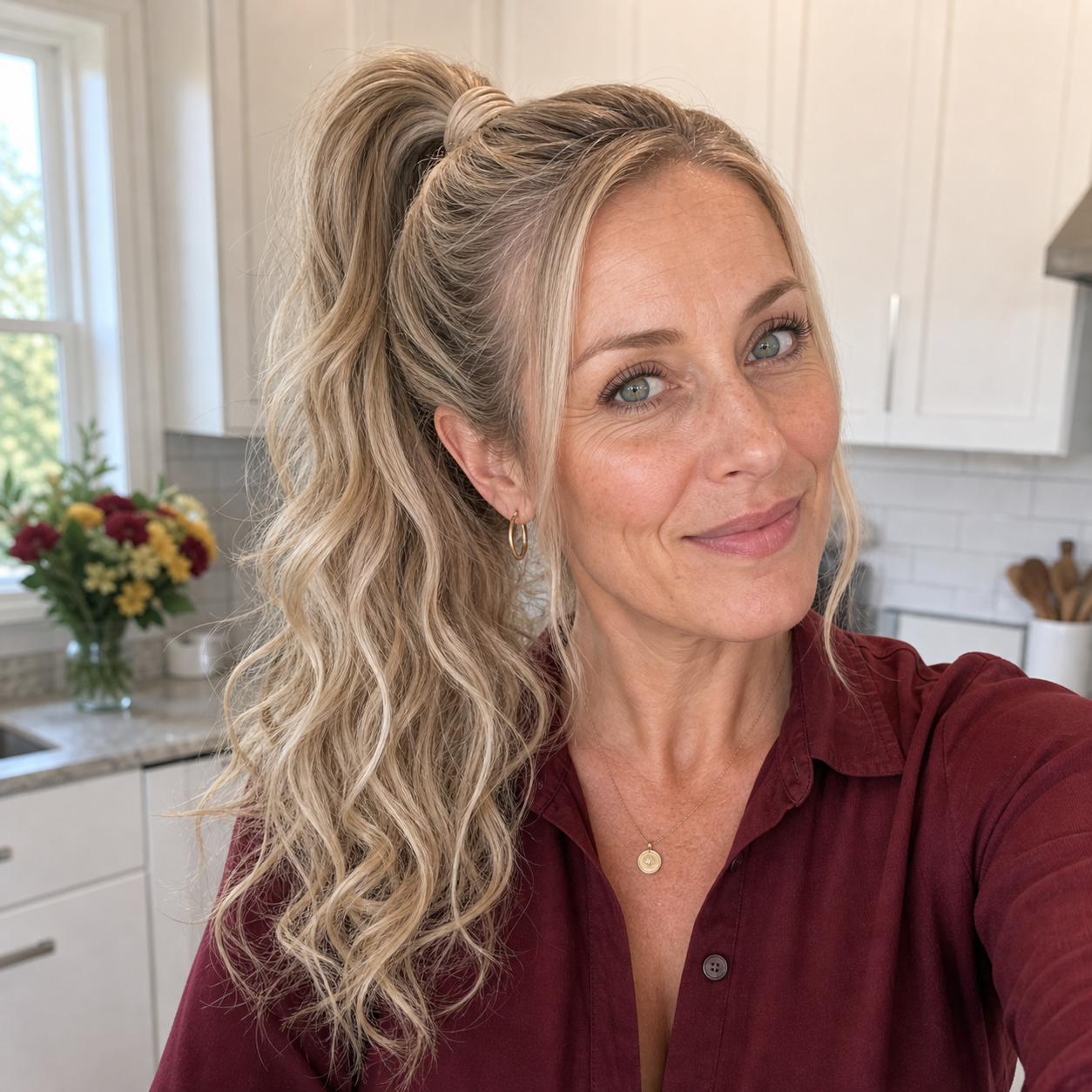 Blonde ponytail extension color blend in natural light