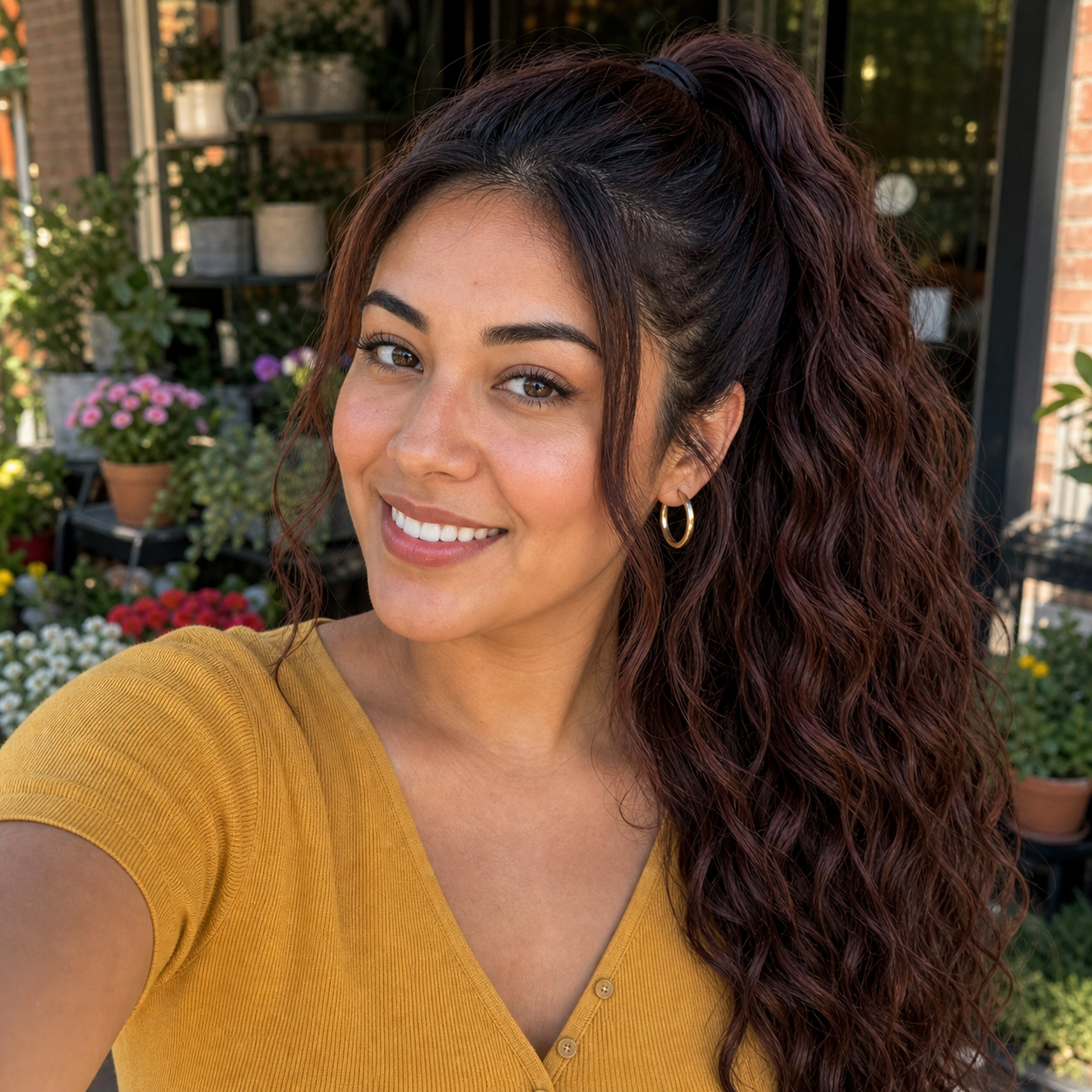 Auburn wavy ponytail extension worn for daytime plans