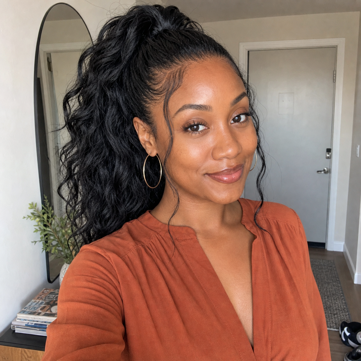 Black wavy ponytail extension customer portrait