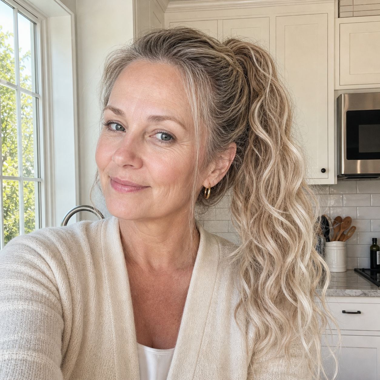 Blonde ponytail extension customer portrait