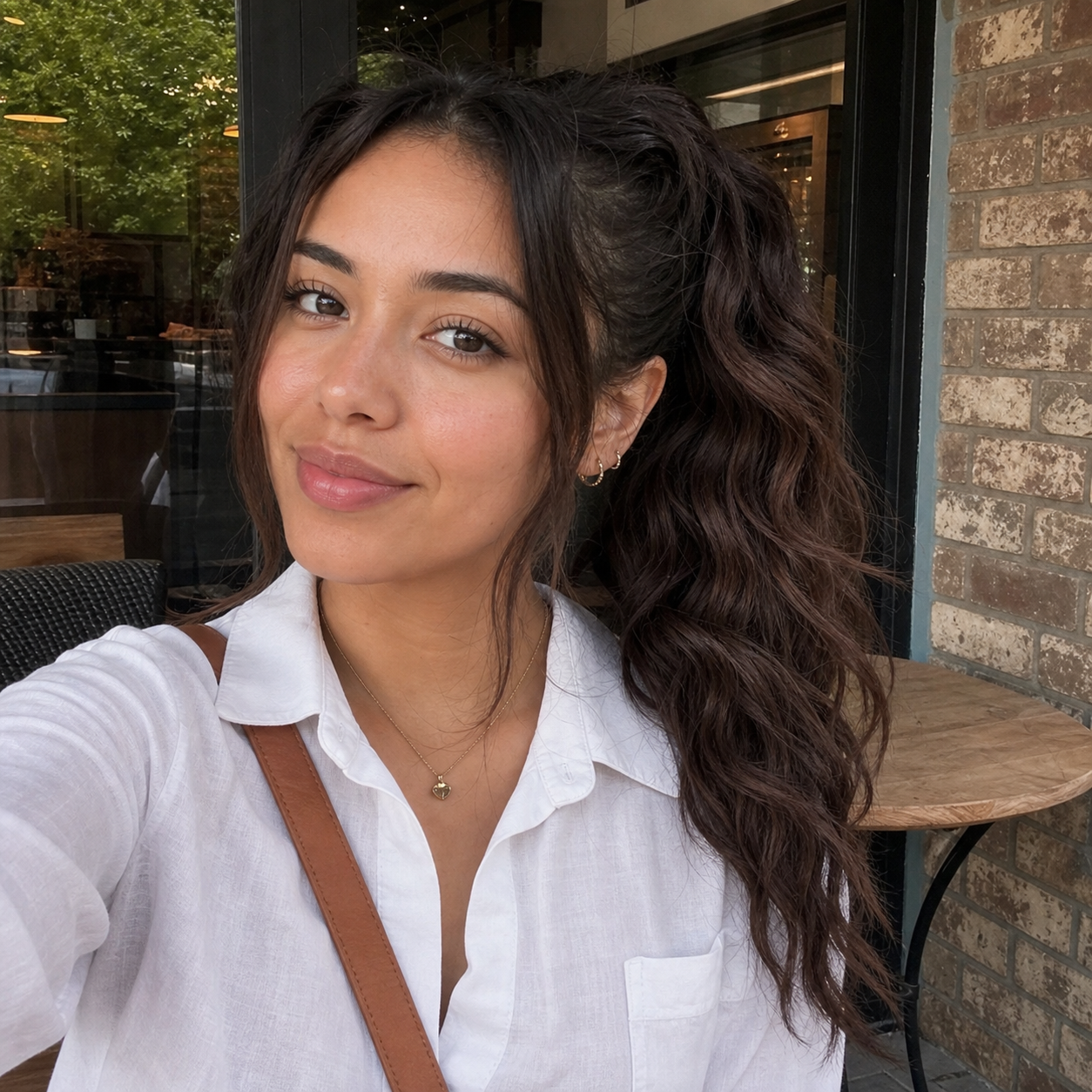 Warm brown ponytail extension customer portrait