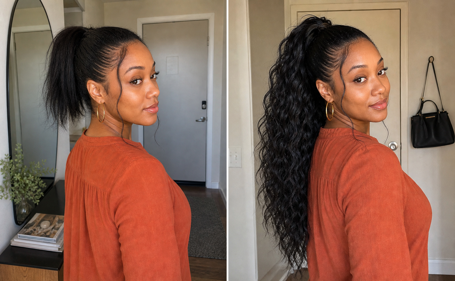 Black ponytail extension customer result collage