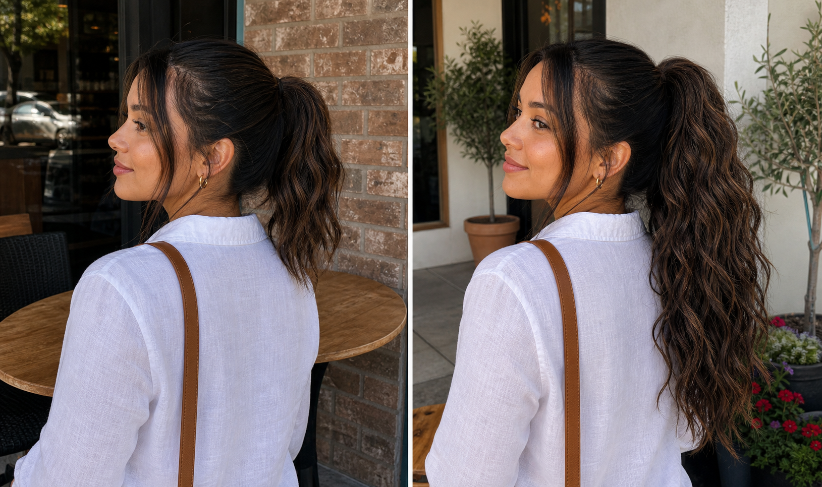Warm brown ponytail extension customer result collage